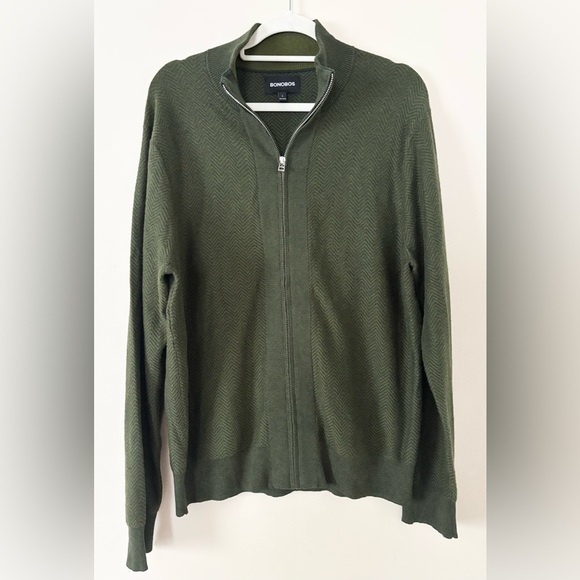 Bonobos Dark Green Herringbone Cotton Cashmere Blend Full Zip Sweater - Picture 2 of 12
